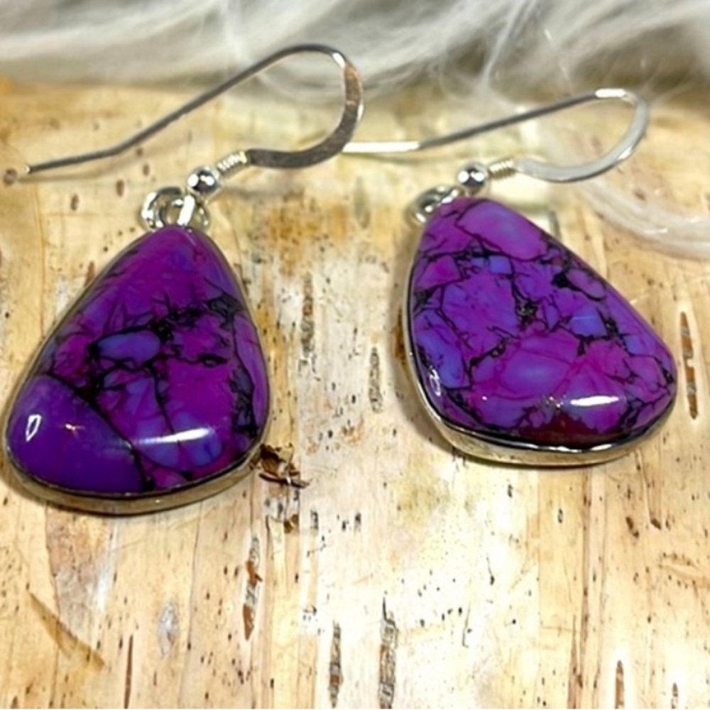 Sterling silver purple Turquoise Earrings 925 - Picture 2 of 9